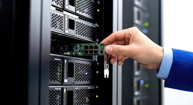 Hand inserting a server module into a data center rack