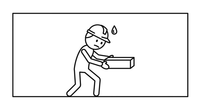 Construction worker struggling to carry heavy brick, sweating under hard hat