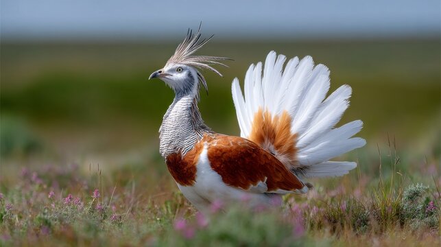 In a lush spring setting, a Great Bustard showcases its magnificent breeding display. Its vibrant plumage and elegant posture captivate the surrounding flora and wildlife