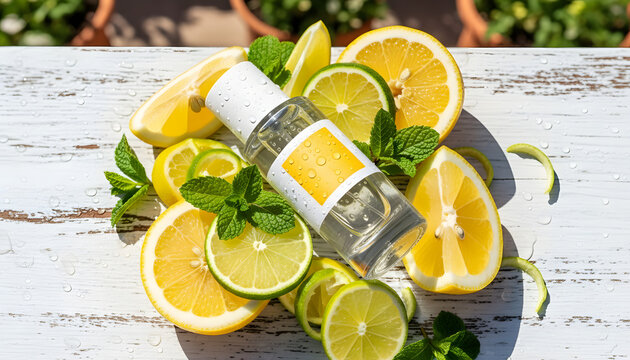 Clear glass bottle with yellow label surrounded by fresh lemon and lime slices and mint leaves