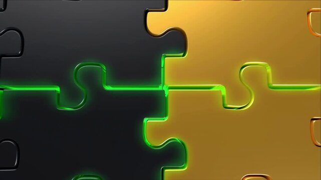 黒と金の3Dパズルが嵌合し緑に発光する金融テクノロジーの抽象背景