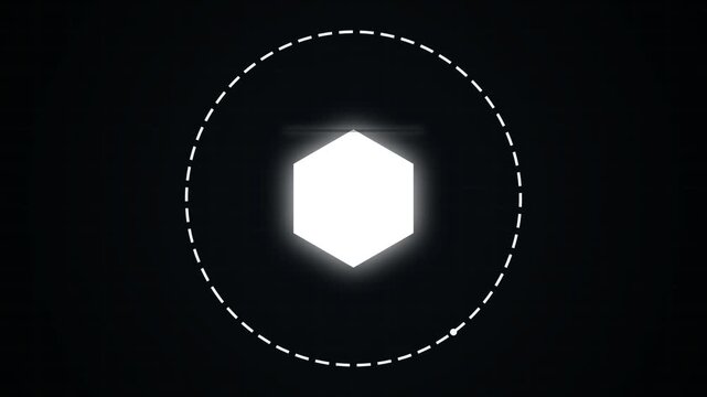 White glowing hexagon shape rotating with a dashed circular frame