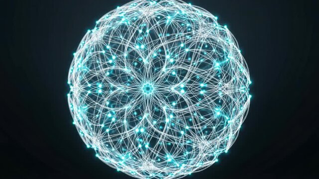 Neural Network Sphere with Glowing Connected Nodes on Dark Background