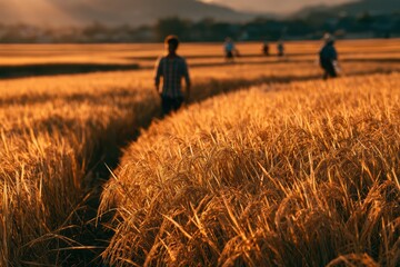 Fototapeta premium Golden hour sunlight illuminates a vast rice paddy field with farmers walking in the distance.