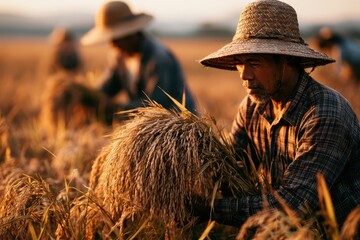 Fototapeta premium Farmer wearing a straw hat harvesting golden rice stalks in a sunlit field at sunset