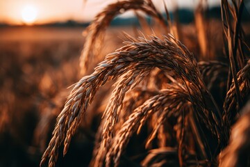 Obraz premium Close-up of golden rice stalks swaying gently in the warm glow of a setting sun.
