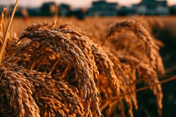 Obraz premium Golden rice stalks ripen in the warm glow of sunset, ready for harvest in a rural field.