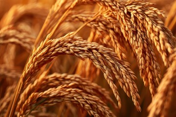 Fototapeta premium Close-up of ripe golden rice stalks ready for harvest in a sunlit field, agriculture concept.