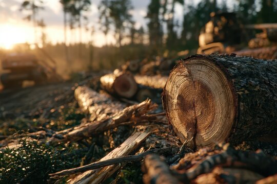 Close-up of felled tree trunks in a forest clearing at sunset, with machinery in background