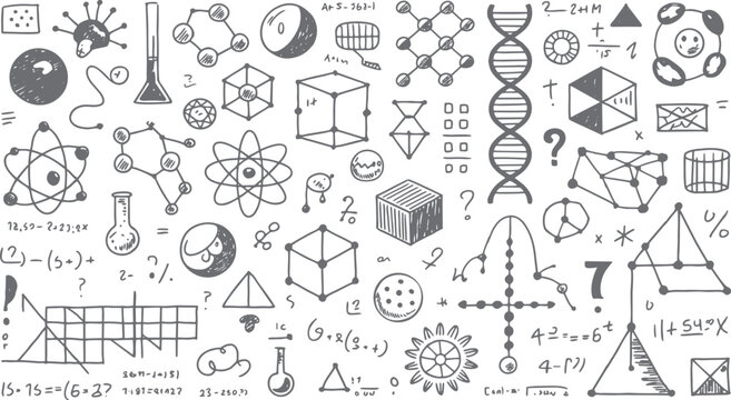 Hand drawn scientific and mathematical doodles including atoms dna molecules geometric shapes and equations