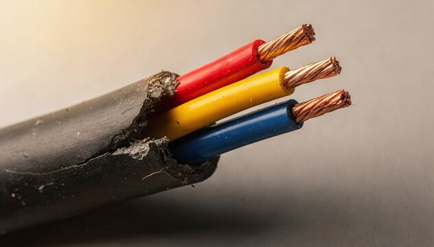 Close-up of a damaged electrical wire showing exposed red, yellow, and blue insulated copper strands, symbolizing danger, power, and connectivity