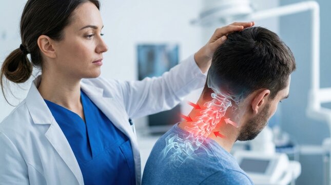 Doctor examines patient's neck pain with highlighted cervical spine and red arrows