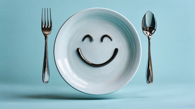 Smiling plate sits center stage. Fork and spoon flank it neatly. Light blue background adds calm. Joyful expression invites happiness. Perfect for health, wellness, or food joy