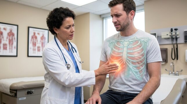 Doctor examines patient's chest pain with anatomical overlay in clinic