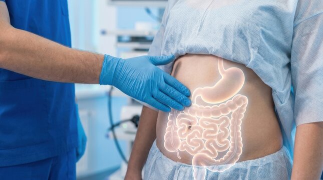 Doctor examining patient's illuminated digestive system with glowing stomach and intestines