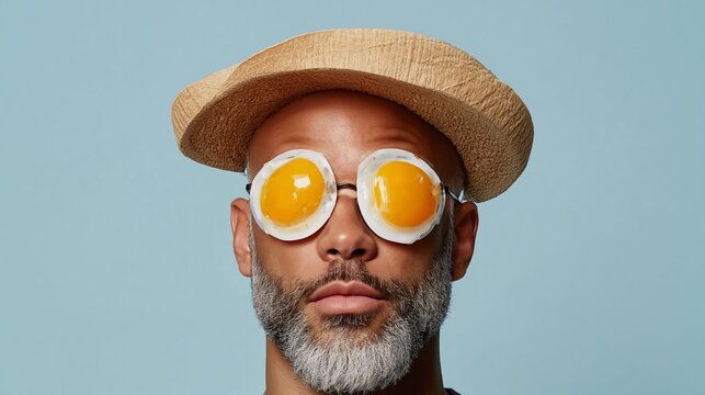 Man wears egg-shaped sunglasses and a beret. Eggs brighten his eyes. He gazes calmly at camera. Soft blue background frames him. Funny, quirky, creative concept