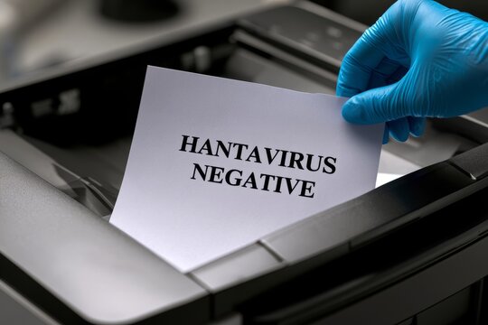 Gloved hand retrieving hantavirus negative test result from office printer