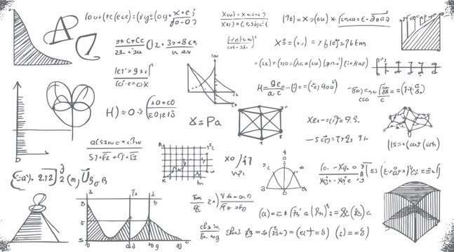 Hand drawn mathematical equations formulas graphs and geometric shapes on white background mathematics