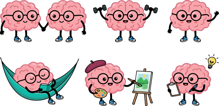 Set of Cute Cartoon Brain Character Illustrations Doing Different Activities Like Exercising Painting Reading and Thinking