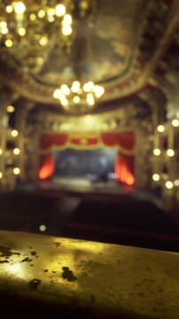 The view from a balcony overlooks a grand theater. The stage is set with lights and curtains. The audience waits for the show to start in a rich and ornate setting.
