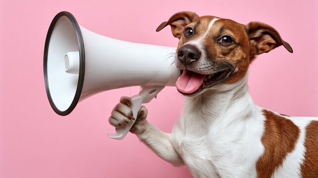 Joyful dog holds megaphone with tongue out. Pink background adds playful, cheerful contrast. Dog looks energetic and eager to announce. Ideal for marketing, social media, or fun campaign visuals