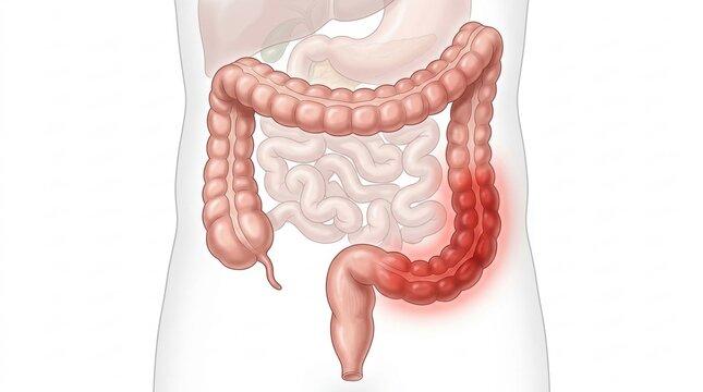 Illustration of inflamed colon with highlighted red area indicating inflammation or disease