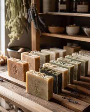 Savons artisanaux aux herbes rang&eacute;s sur planches de bois