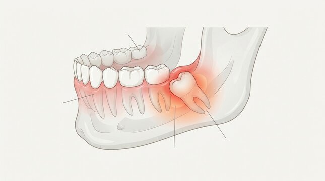 Illustration of impacted wisdom tooth causing pain and inflammation in the jawbone