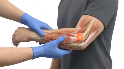 Fototapeta premium Medical illustration shows a doctor examining an elbow joint with highlighted pain points