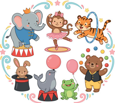 Set of Cute Cartoon Circus Animal Illustrations Featuring Elephant Monkey Tiger Bear and Seal Performing