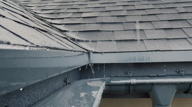 Close up video clip of gentle rain falling on a gray asphalt shingle roof and into a plastic gutter system, creating a soothing natural background motion.