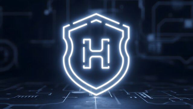 Glowing blue shield with circuit pattern and letter h as transparent cutout