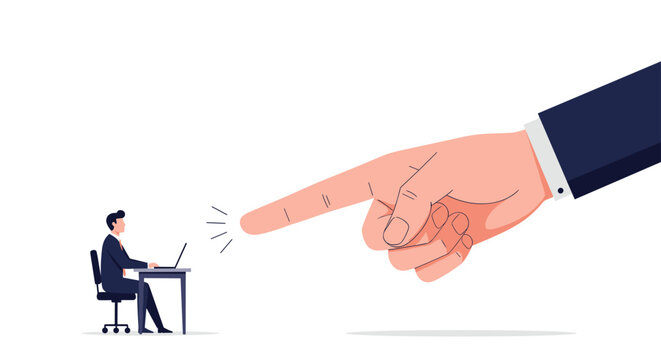 Tiny office worker sitting at a desk while a giant corporate hand points a finger at him representing workplace pressure and criticism.