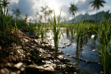 Fototapeta premium Lush green rice paddies in tropical sunlight, reflecting the sky and palm trees, a serene agricultural landscape.