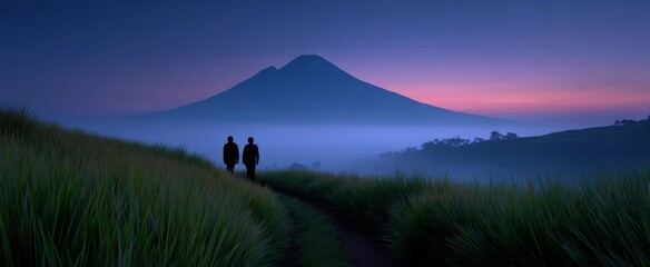 Obraz premium Menelusuri kabut menuju ekspedisi puncak bukit hijau yang menakjubkan.