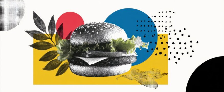 Chic halftone art collage featuring vibrant burger and fries cutouts in retro grunge style