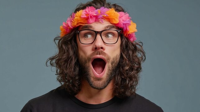 Curly-haired man wears colorful flower crown. He sports round glasses and wide-eyed surprise. Mouth open in exaggerated shock or delight. Solid gray background keeps focus on his expression