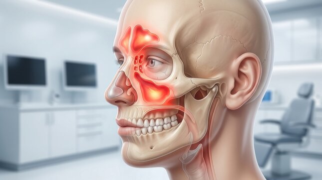 Medical illustration of inflamed sinuses in a human head with highlighted pain areas