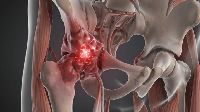 Anatomical 3D Render Illustrating Hip Joint Damage Showing Red Highlighted Pain and Inflammation