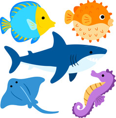 Fototapeta premium Colorful Cartoon Fish and Shark Collection with Seahorse and Stingray Illustration