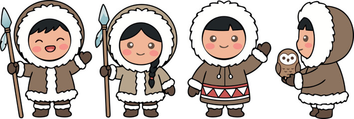 Set of Cute Cartoon Eskimo Inuit Children Characters in Traditional Winter Parka Clothing Holding Spears and Owl © MdMojnu