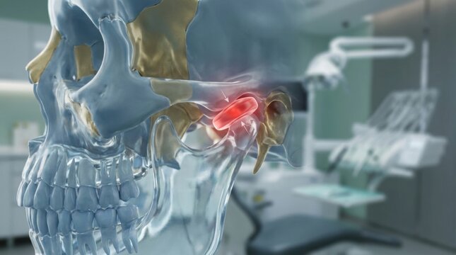 Close-up of a human jawbone with highlighted temporomandibular joint pain