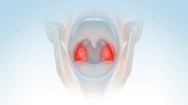 Illustration of inflamed tonsils showing redness and swelling in the throat