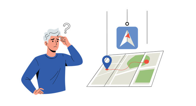 Confused man scratching his head while looking at a navigation map with a red route and location pin icon to find his way.