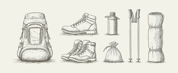 Fototapeta na wymiar Stylish hiking gear collection in detailed line art illustration for outdoor enthusiasts
