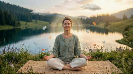 Fototapeta premium Serene woman meditating in peaceful natural landscape beside tranquil lake, surrounded by blooming wildflowers and gracefully fluttering butterflies during golden sunset, embodying harmony and inner p