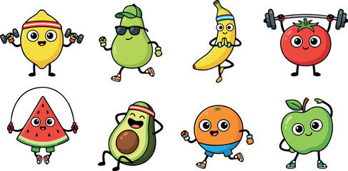 Fototapeta premium Set of Cute Cartoon Fruit Characters Doing Fitness Activities Like Yoga Running and Weightlifting