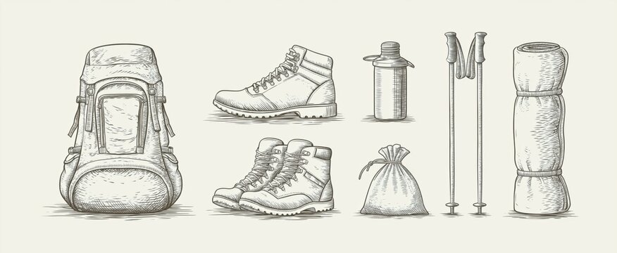 Stylish hiking gear collection in detailed line art illustration for outdoor enthusiasts