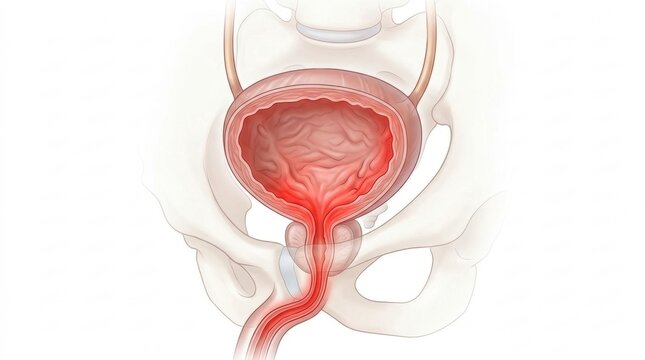 Illustration of the human urinary bladder and urethra showing inflammation and pain