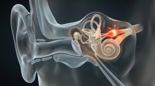 Detailed cross-section of the human ear highlighting auditory nerve inflammation and pain